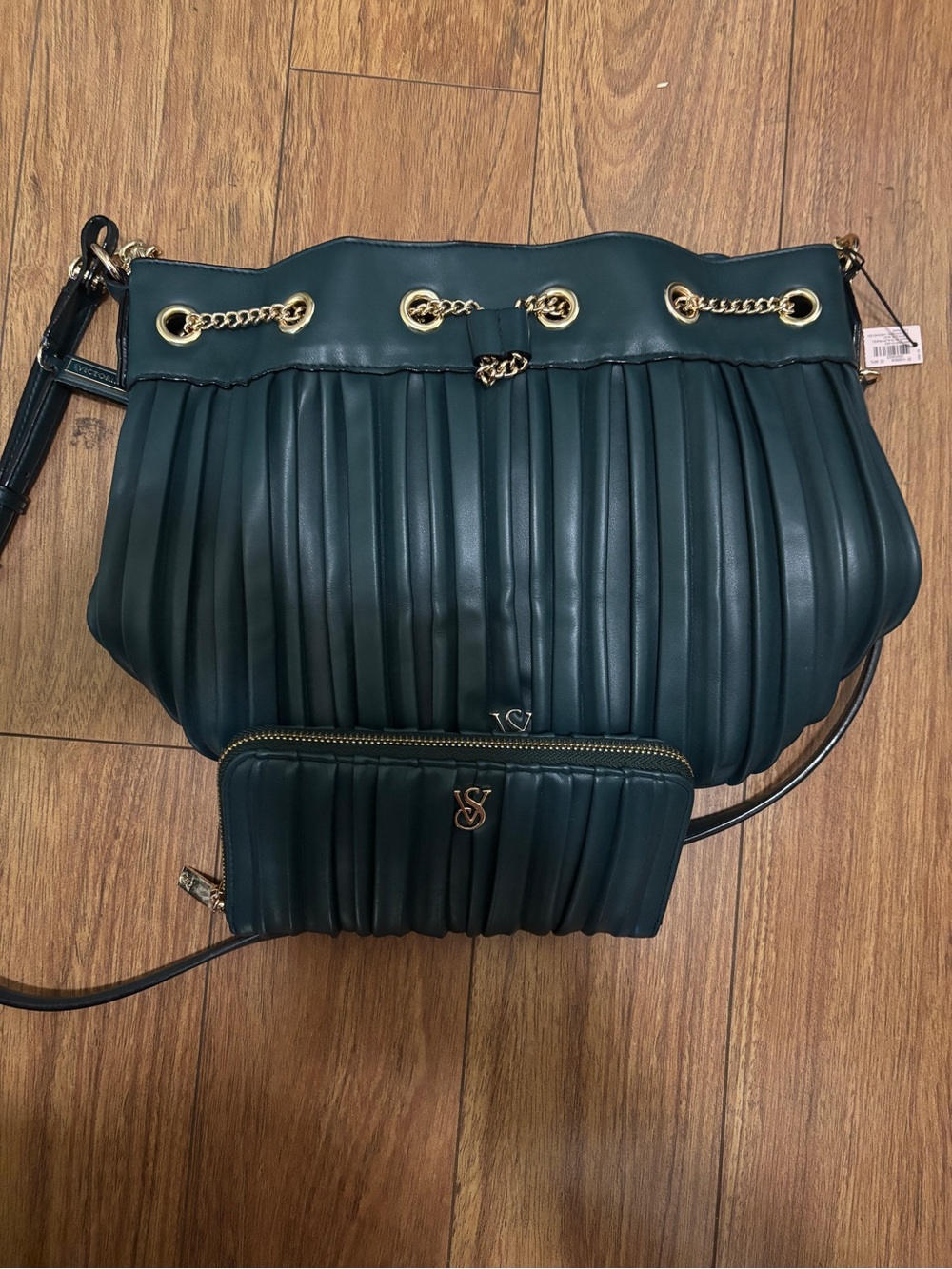 Victoria's Secret Dark Green Pleated Shoulder Bag with Matching Wallet